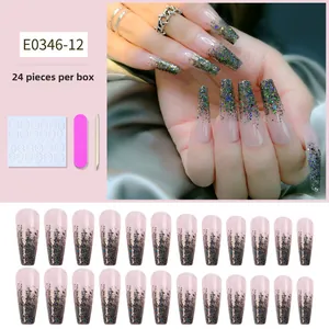Détail de 24 faux ongles ballerine dégradé pailleté rose avec kit complet d'accessoires de pose
