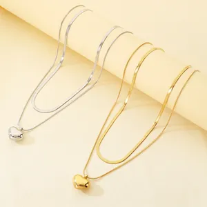 Minimalist Double Layered Heart Pendant Necklace 316L Stainless Steel Snake Chain Clavicle Jewelry For Women