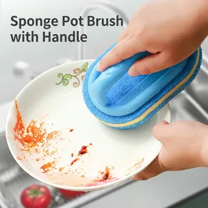 Blue kitchen cleaning sponge brush with ergonomic handle for scrubbing tiles and pots