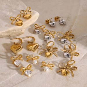 Elegant 18K gold plated stainless steel bow and heart earrings with pearls and zircons