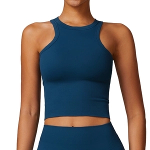 Haut de yoga côtelé sans couture bleu sarcelle avec licou et large ceinture élastique