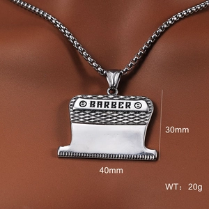 Polished stainless steel barber clipper pendant necklace for men and women with BARBER text