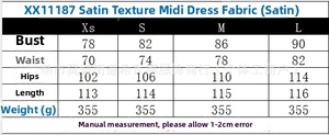 Detailed size chart for satin sleeveless midi dress featuring precise fit measurements