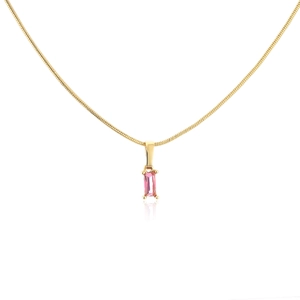 Detail of 18K gold plated snake chain necklace with a pink rectangular zircon pendant
