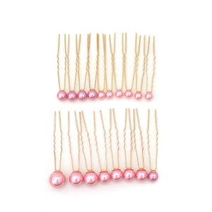 Detailed set of 18 pink faux pearl U-shaped hair pins with gold finish metal base