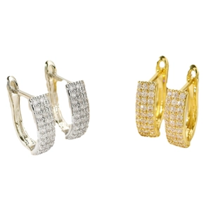 Elegant gold and silver hoop earrings with shimmering crystals on white background