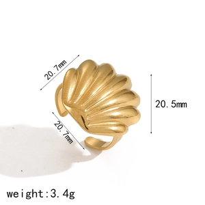 Golden seashell ocean style open ring in stainless steel with dimension measurements