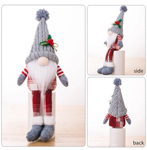 Detailed views of Nordic Christmas gnome featuring grey knit hat and red plaid outfit
