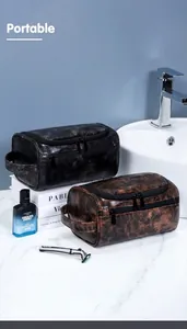 Kulturbeutel aus wasserdichtem PU-Leder in Schwarz und Braun mit Tragegriff und Reißverschluss
