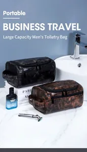 Trousses de toilette en cuir PU imperméable noir et marron avec poignée et double fermeture