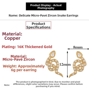 Detail view of gold snake earrings showing 12mm by 8mm dimensions and zircon inlay