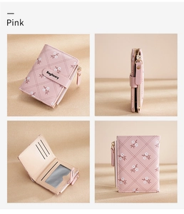 Pink PU leather short wallet with quilted pattern and floral detail in four-angle views