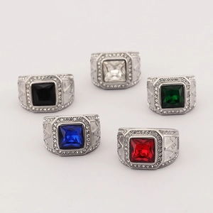 Hip hop stainless steel rings for men with square colorful gemstones and micro-pave diamonds