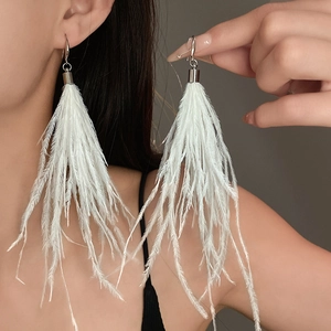 Close-up of elegant white feather fringe earrings with silver hooks on model