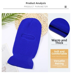 Detail of royal blue ribbed knit balaclava showing thick texture and warm single-hole design