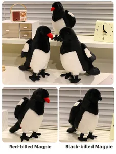 Detail showing plush magpies in red-billed and black-billed variants on a shelf