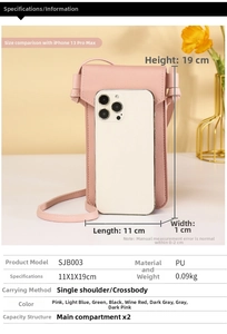 Pink PU leather crossbody phone bag shown with dimensions 11x1x19cm and two main pockets