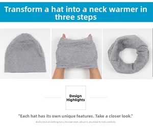 Three-step guide showing gray knit snood transforming from a beanie into a neck warmer