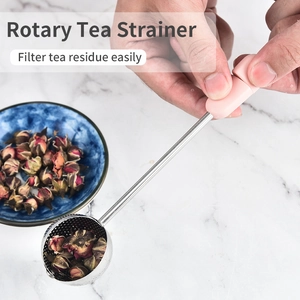 Rotary 304 stainless steel tea strainer with pink handle and rose tea leaves