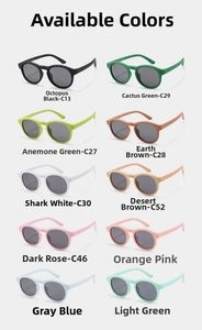 Detailed color chart of round silicone kids sunglasses in ten different matte finishes