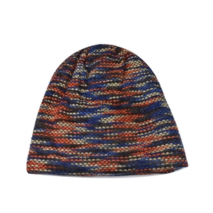 Detailed close-up of multi-color striped thick knit beanie with warm fleece lining