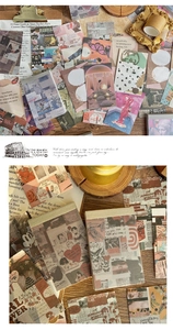 Detailed flat lay of vintage collage scrapbook papers with floral and portrait motifs