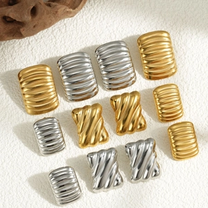 Geometric square stud earrings with wave texture in gold and silver stainless steel