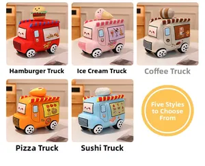Détails des coussins en peluche food truck avec motifs brodés de burgers et glaces