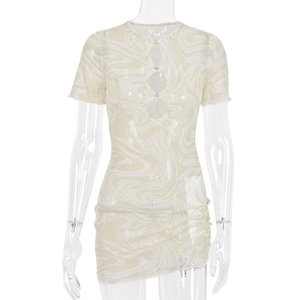 Short sleeve mesh dress with marble print, cutout details and rhinestone buttons