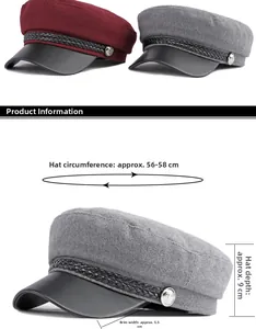 Close-up detail of woolen baker boy hats with faux leather brims and braided rope trim