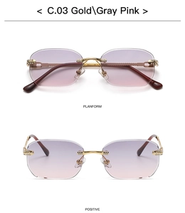 Detailed view of rimless square sunglasses with gold metal frame and rhinestone accents