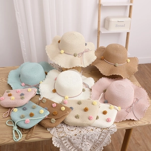 Kids Girls Straw Sun Hat And Matching Bag With Pom Poms Bow Wavy Brim Sweet Summer Beach Outdoor Accessory
