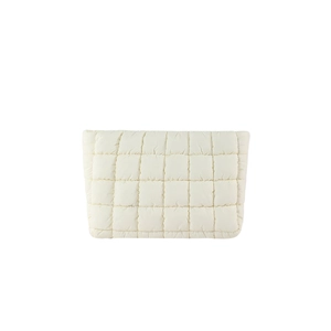 Chic off-white quilted clutch bag with fluffy square texture on a white background
