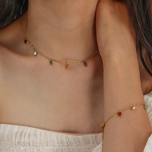 Colorful Zircon Necklace And Bracelet Stainless Steel Gold Plated Geometric Pendant Waterproof Jewelry For Women