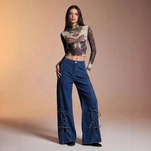 Jeans A Gamba Larga In Denim Vita Alta Allacciatura Laterale Lacci Incrociati Dritti Larghi Retro Vintage Casual Donne