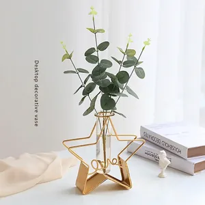 Modern gold star-shaped metal vase with glass tube and 'Love' design for table decor