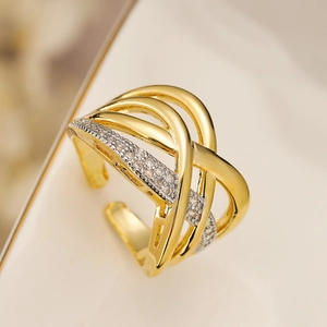Irregular Geometric Cross Open Ring Women Copper Gold Plated With White Zircon Inlay Vintage Adjustable Jewelry