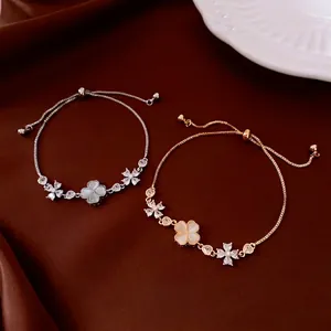 Cat Eye Stone Clover Flower Bracelet Copper Zircon Inlaid Adjustable Slider Link Chain For Women Elegant Jewelry
