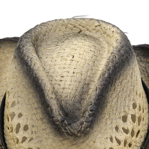 Macro shot of breathable hollow weave texture and gradient finish on straw cowboy hat