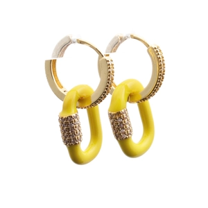 Detail of gold hoop earrings with yellow enamel charms and shimmering zircon stones