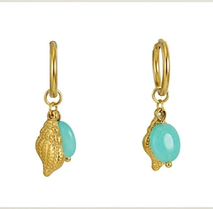 Detail of bohemian gold shell earrings featuring turquoise resin beads and textured finish