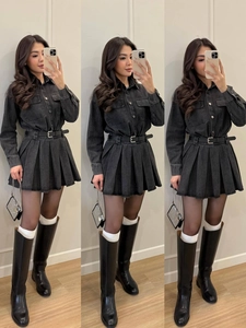 Three-way split view of a dark denim pleated shirt dress with a waist belt and pockets