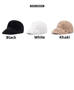 Three-color display of soft faux rabbit fur baseball caps in black, white, and khaki