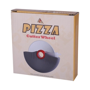 Retail packaging box for stainless steel pizza cutter wheel with blade guard detail