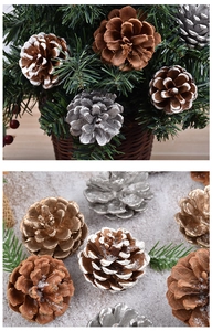 Macro view of natural pine cones in gold, silver, and snow finishes for Christmas decor