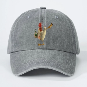 Vintage grey washed denim baseball cap featuring a humorous cartoon rooster print