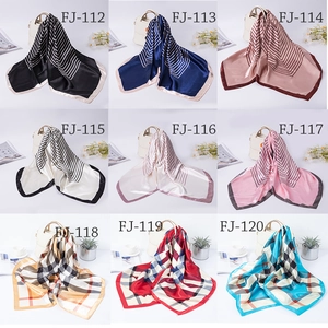 Catalog of 90cm satin square scarves with various stripes and plaid patterns shown in a grid