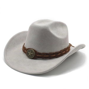Detail of light gray suede cowboy hat with braided leather band and star metal ornament