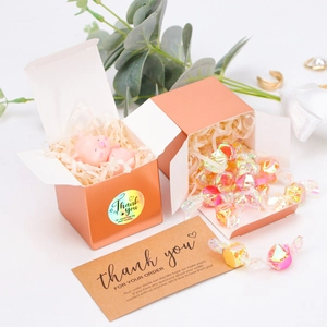 Rose gold cube gift box set with thank you cards and stickers for party favors
