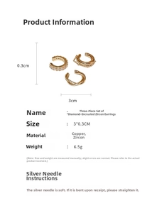 Detailed size parameters of gold zircon ear cuff set with S925 silver needle